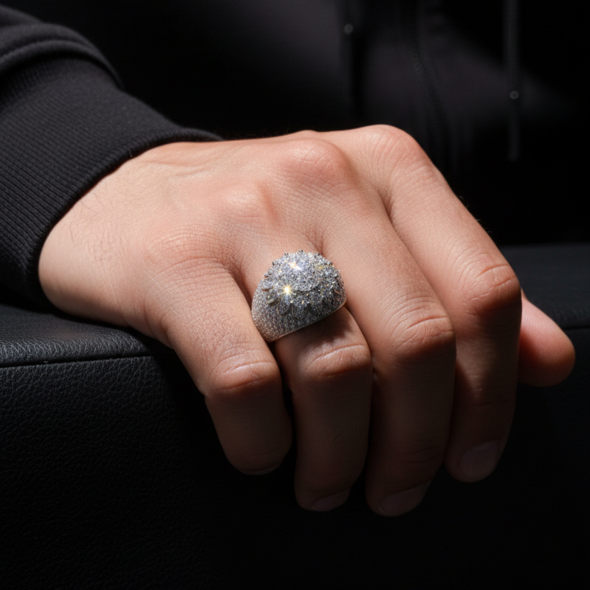 Largely Silver Men's Ring 925 Sterling Silver Iced Out Ring