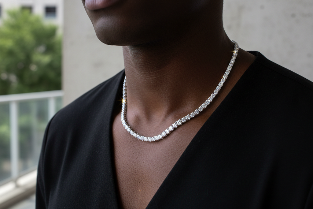 Tennis chain necklace on Black male model